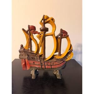 RARE Vintage Cast Iron Old World Pirate Sailing Galleon Ship Doorstop